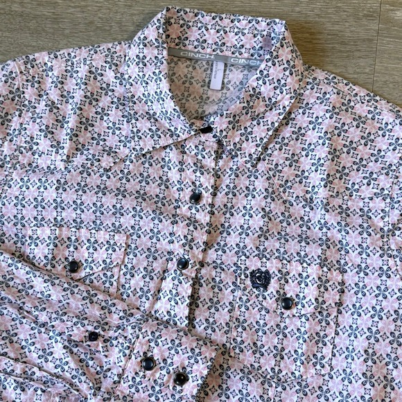 Cinch Pearl Snap Shirt Womens Large Geometric Pink Blue Long Sleeve Western - Picture 1 of 7